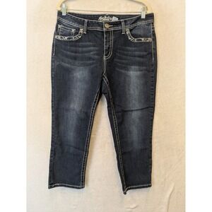 Love Indigo Capri Jeans Women's 12 Blue Rhinestone Embellished Dark Wash Cropped
